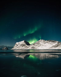 Scenic view of snowcapped mountains against sky at night