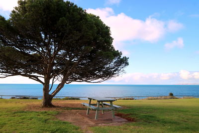 Scenic view of tree by sea against sky