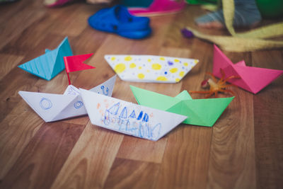 High angle view of paper toy on table