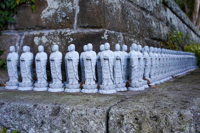 Buddha statues against wall
