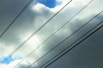 Low angle view of electricity pylon against cloudy sky