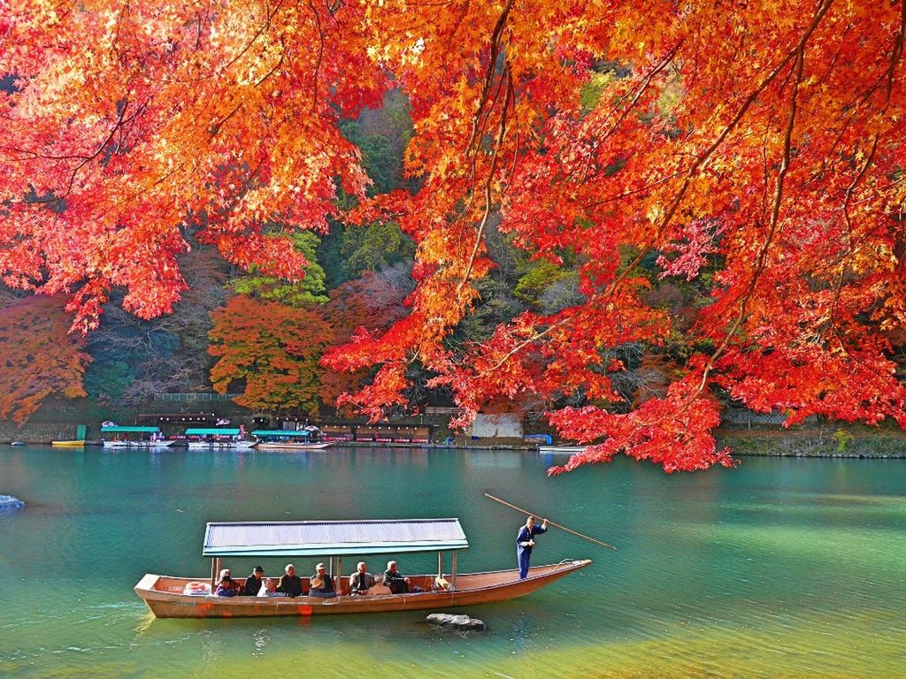 water, orange color, nautical vessel, boat, tree, autumn, transportation, mode of transport, waterfront, nature, lake, beauty in nature, reflection, change, tranquility, red, outdoors, moored, travel, tranquil scene