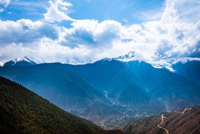 Panoramic view of snowcapped mountains against sky