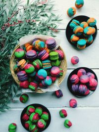 High angle view of multi colored candies on table