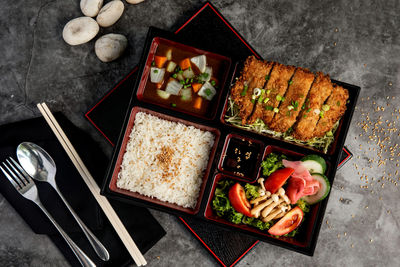 High angle view of food in tray