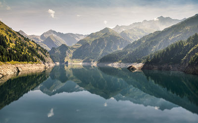 Scenic view of lake and mountains against sky