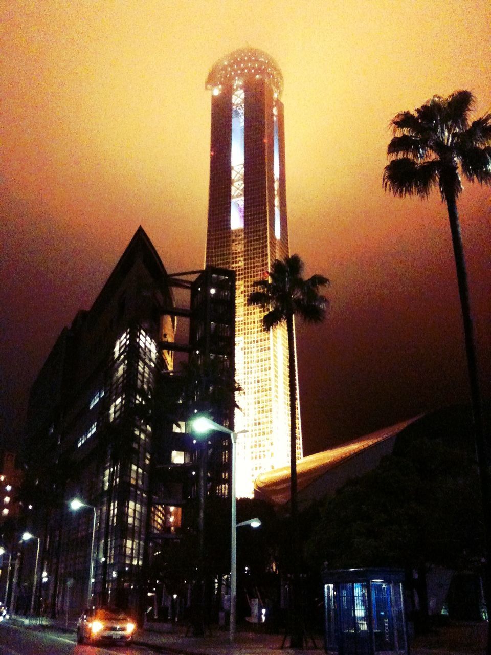 architecture, building exterior, built structure, illuminated, city, tall - high, low angle view, skyscraper, tower, modern, tree, office building, night, sky, building, palm tree, dusk, street light, city life, sunset