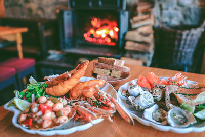 Close-up of seafood in plate on table