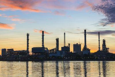 Factory by river against sky during sunset