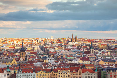 High angle shot of townscape against sky