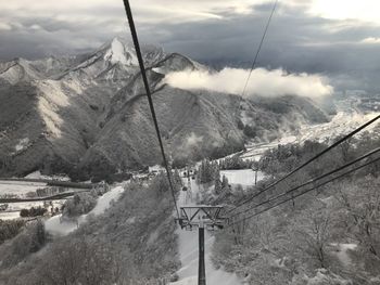 High angle view of snowcapped mountains against sky