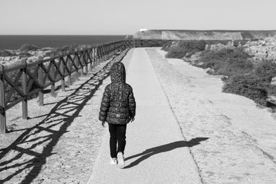 Rear view of woman walking on sea shore against clear sky