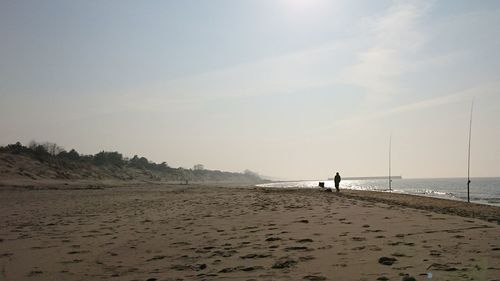 Man walking at beach against sky