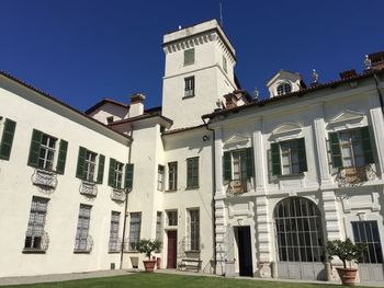 Low angle view of building against clear blue sky