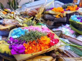 High angle view of flowers in containers for sale at market