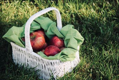 High angle view of apples in basket