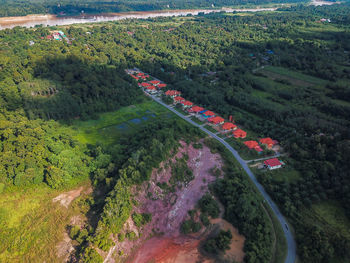 High angle view of road amidst trees