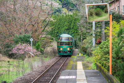 Yufuin no mori train on railway through bungo nakagawa station with sakura blossom at spring