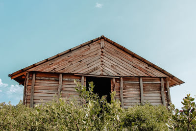 Low angle view of cottage against sky