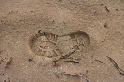 Close-up of shoe print on sand