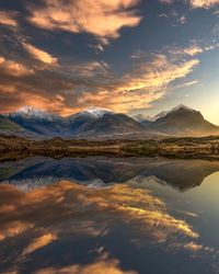 Scenic view of snowcapped mountains against sky during sunset