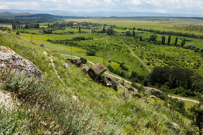 High angle view of agricultural field against sky