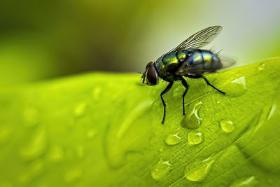 Close-up of fly on leaf