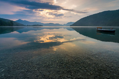 Scenic view of lake against sky during sunset