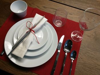 High angle view of breakfast on table