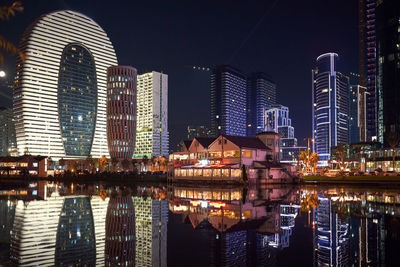 Reflection of illuminated buildings in water at night