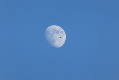 Low angle view of moon against clear blue sky