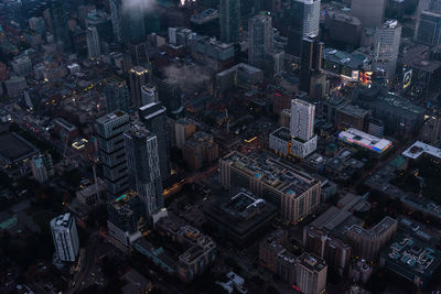 High angle view of modern buildings in city