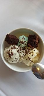 High angle view of dessert in plate on table