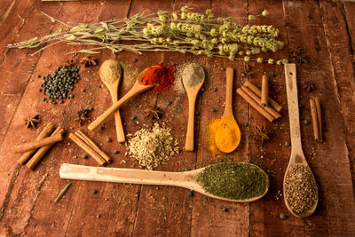 High angle view of spices on wooden table