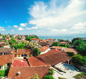 High angle view of residential district against sky