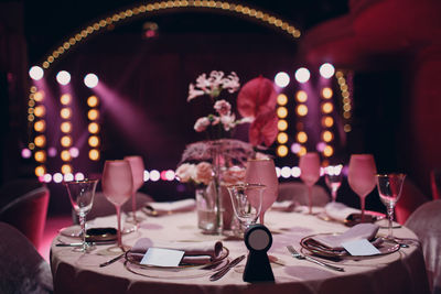 Wine glasses on table in restaurant