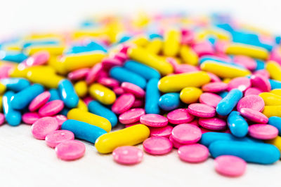 High angle view of colorful medicines on table