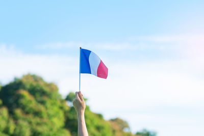 Hand holding flag against sky