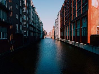 Canal in city against clear sky