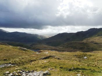 Scenic view of mountains against cloudy sky