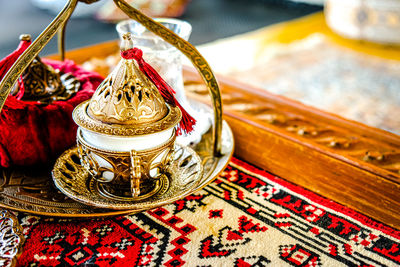 Turkish coffee and tea set in colorful traditional housewares in turkish theme coffee cafe