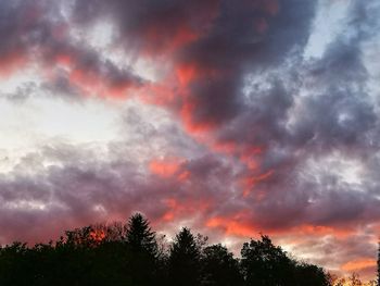 Low angle view of silhouette trees against dramatic sky