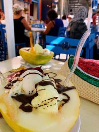 Close-up of ice cream in plate on table