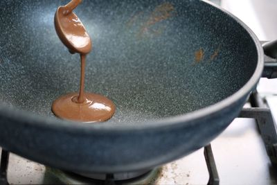 High angle view of meat in cooking pan