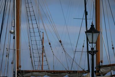 Low angle view of mast against clear blue sky