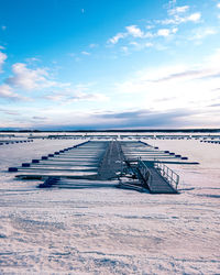 Scenic view of snow covered land against sky