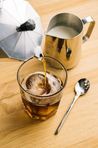 High angle view of coffee on table