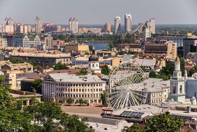 Top view of kiev from the side of the andriyivskyy descent, ukraine, on a sunny summer morning