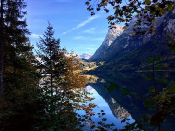 Scenic view of lake by trees against sky