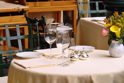 Wine glasses on table in restaurant